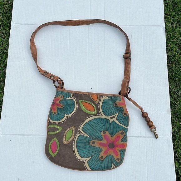 Fossil-boho Crossbody, authentic flower handbag, leather canvas purse adjustable - Picture 2 of 12